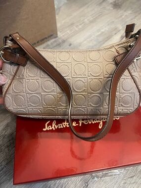 Salvatore Ferragamo Tan Shoulder Bag with Brown Leather Trim with box looks new